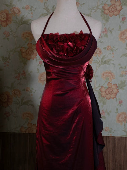 Robe de bal longue vintage années 90, coupe trapèze, col halter fleuri, inspiration robe de soirée rétro tenue d'anniversaire 21 ans AB2375