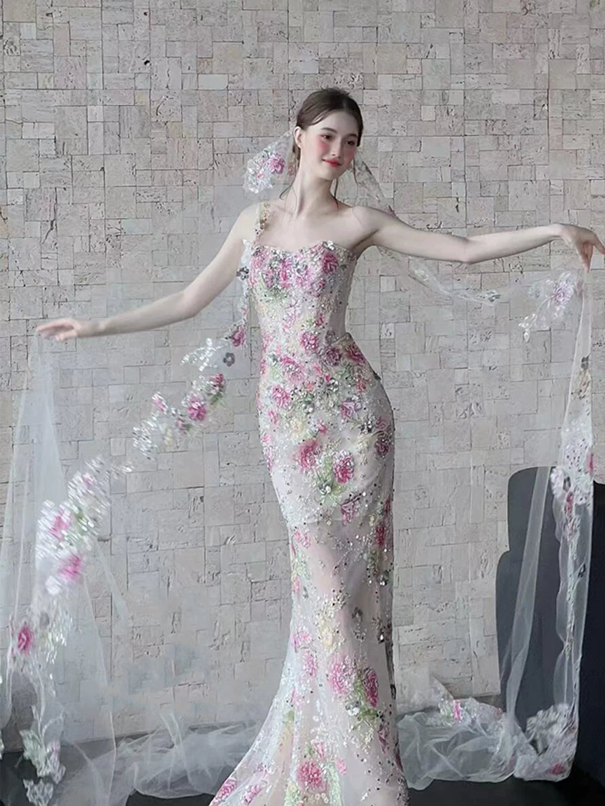 Robe de bal longue sirène bustier en dentelle florale élégante, tenue de soirée dansante, robe de soirée AB2201