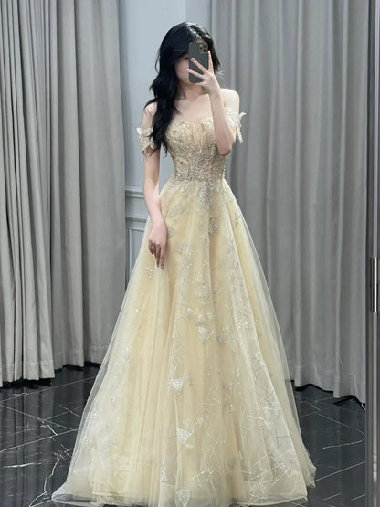 Elegantes, schulterfreies, langes Paillettenkleid in A-Linie mit kurzen Ärmeln, perfekt für Ball, Tanzabend und Party (AB2200)
