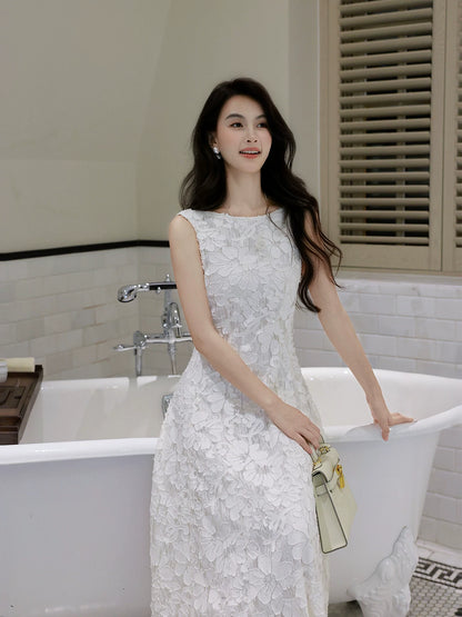 Robe de bal mi-longue en dentelle blanche, coupe trapèze, col bateau, élégante, idéale pour une remise de diplôme ou un anniversaire (N088)