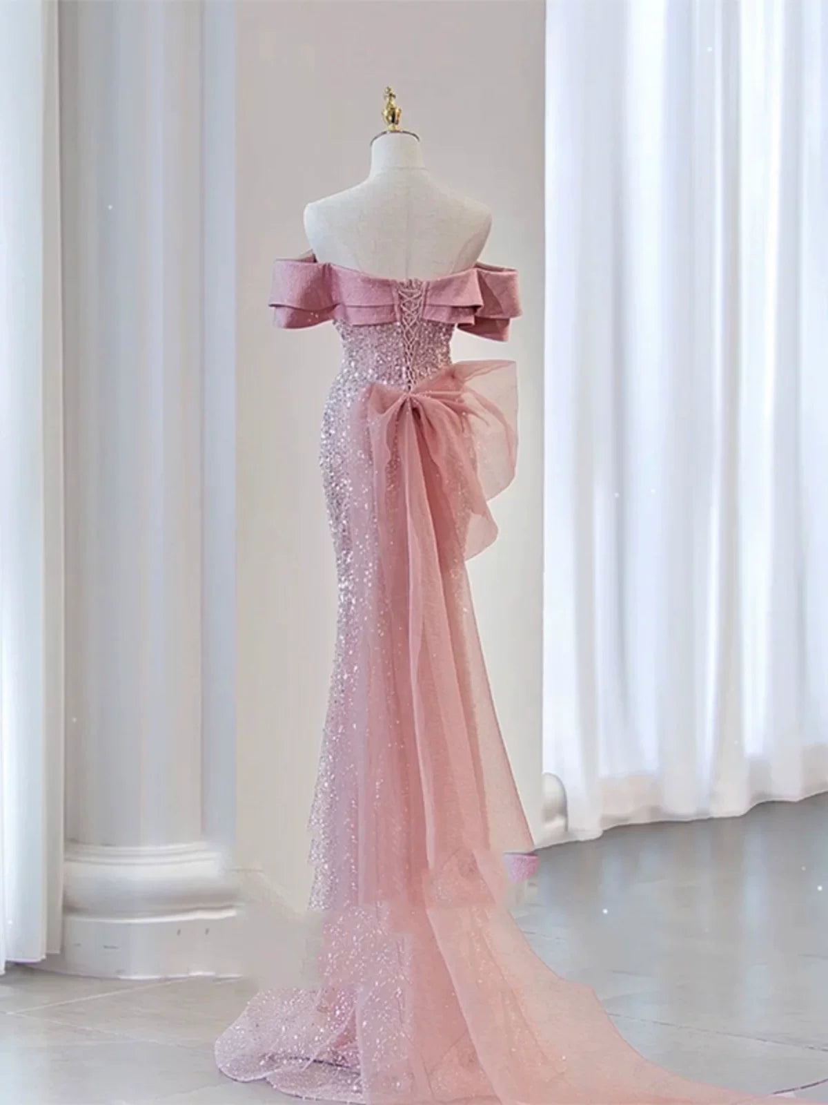 Robe de soirée sirène scintillante à épaules dénudées, robe de bal à sequins roses, robe de fête longue, tenue pour un 19e anniversaire AB2324