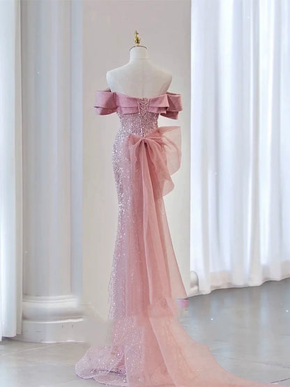 Robe de soirée sirène scintillante à épaules dénudées, robe de bal à sequins roses, robe de fête longue, tenue pour un 19e anniversaire AB2324