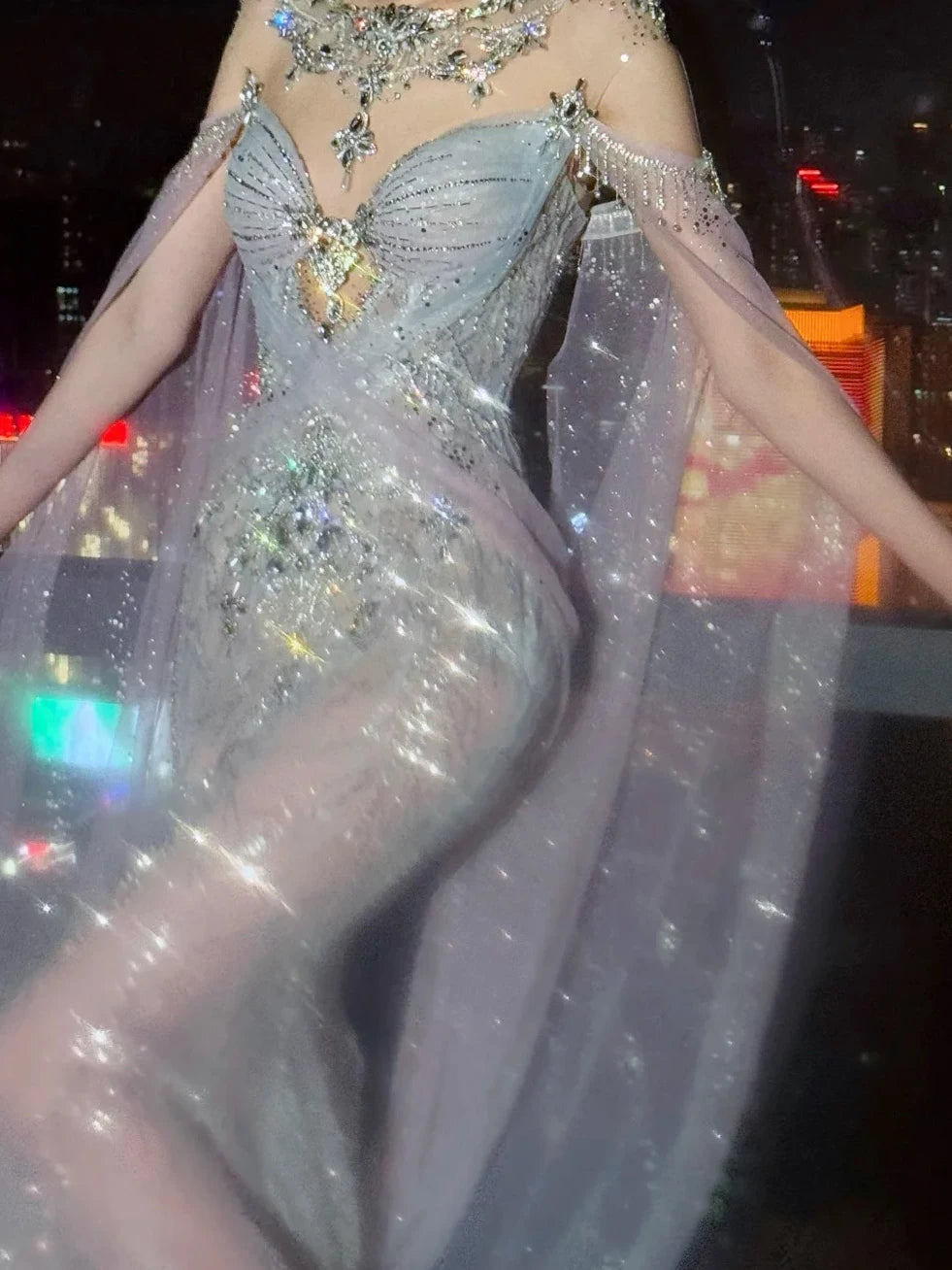 Robe de mariée sirène à paillettes, col rond, manches longues, cape, sequins gris argenté, robe de mariée cintrée AB2336