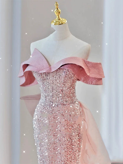 Robe de soirée sirène scintillante à épaules dénudées, robe de bal à sequins roses, robe de fête longue, tenue pour un 19e anniversaire AB2324