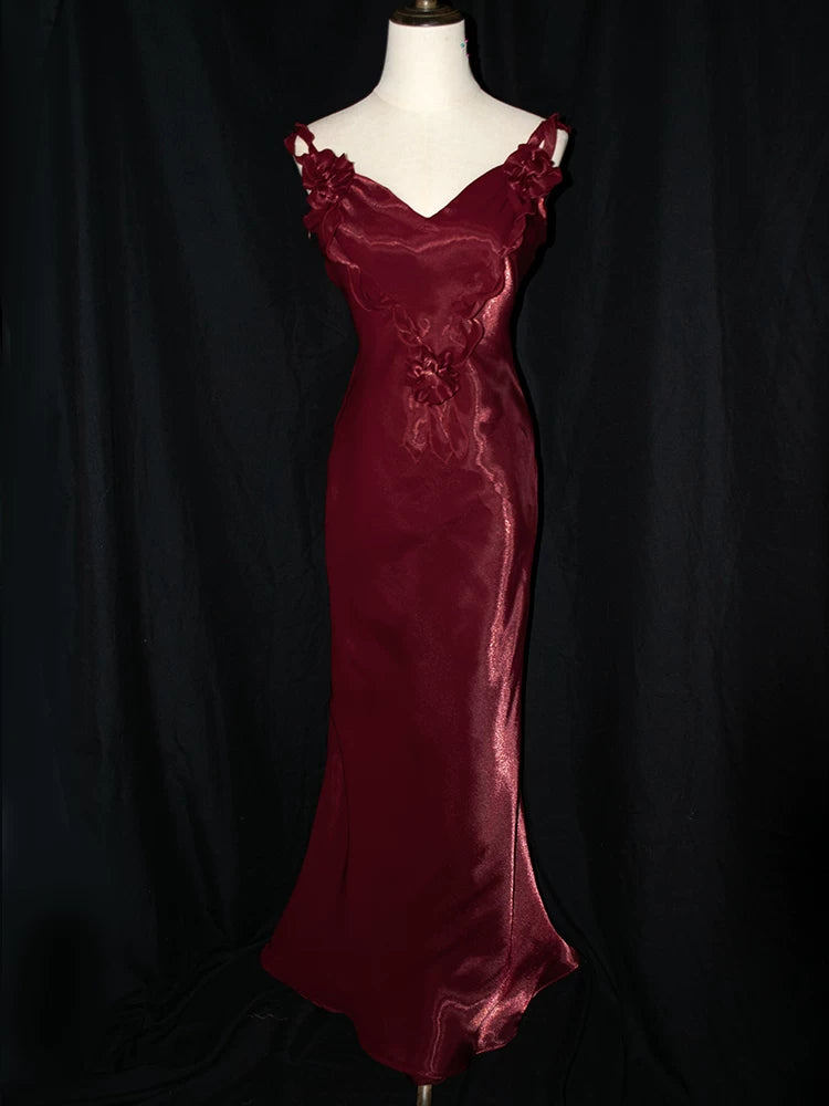 Robe de bal bordeaux sirène vintage années 1950, col en V, inspiration robe de soirée longue, tenue pour un 18e anniversaire AB2377