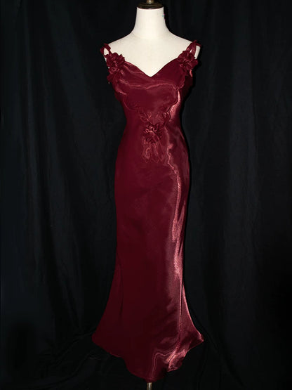 Robe de bal bordeaux sirène vintage années 1950, col en V, inspiration robe de soirée longue, tenue pour un 18e anniversaire AB2377