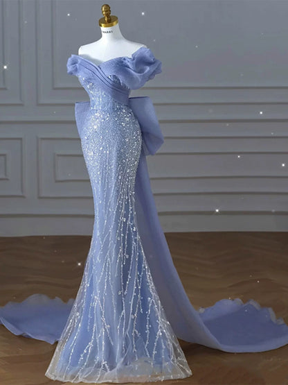 Robe de bal modeste, style sirène, épaules dénudées, bleue, inspiration style, manches courtes, robe de soirée longue AB2333