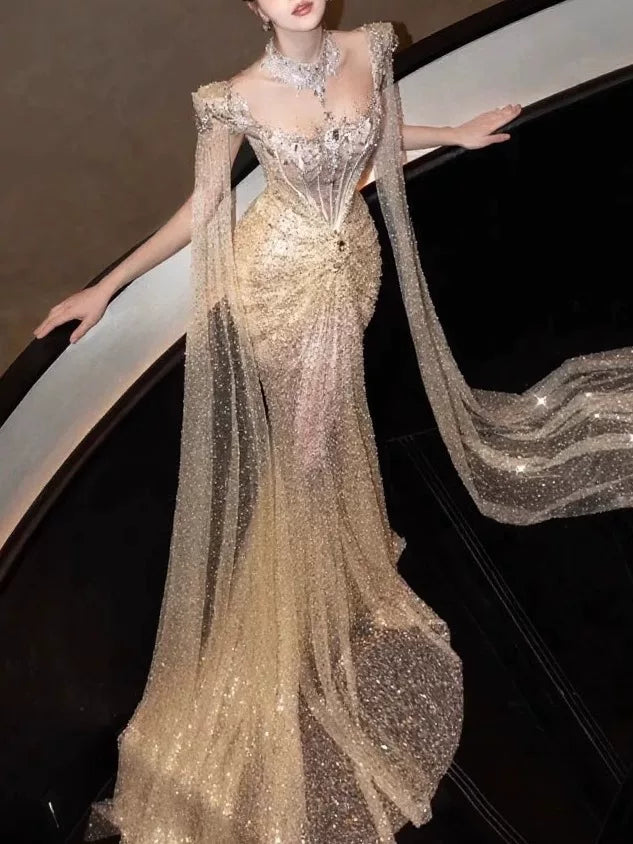 Robe de soirée sirène luxueuse sans bretelles à sequins dorés, robe de bal longue, tenue de fête pour les 19 ans AB2325