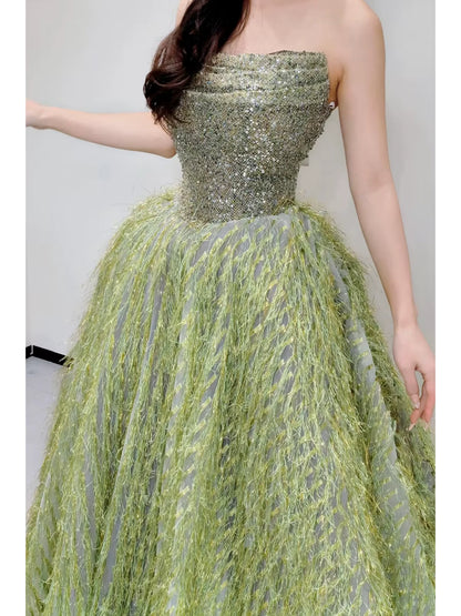 Robe de bal de princesse sans bretelles, bustier à sequins verts, inspiration pour les robes de soirée longues, tenues pour un 20e anniversaire AB2263