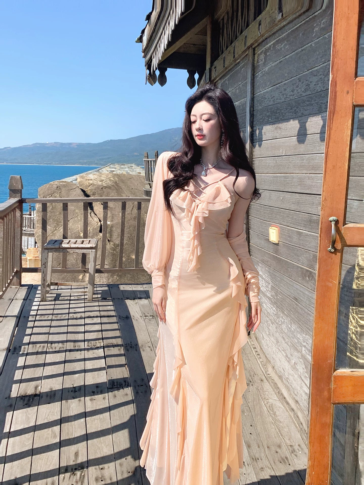 Robe de bal sirène rose corail à fines bretelles, longue, pour anniversaire AB2411
