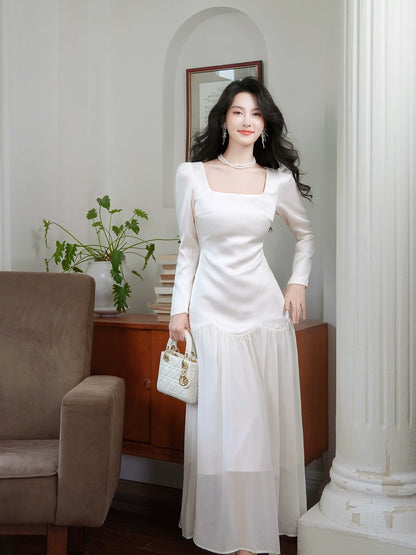 Robe de bal mi-longue en mousseline blanche, coupe trapèze, col carré et taille basse - N082