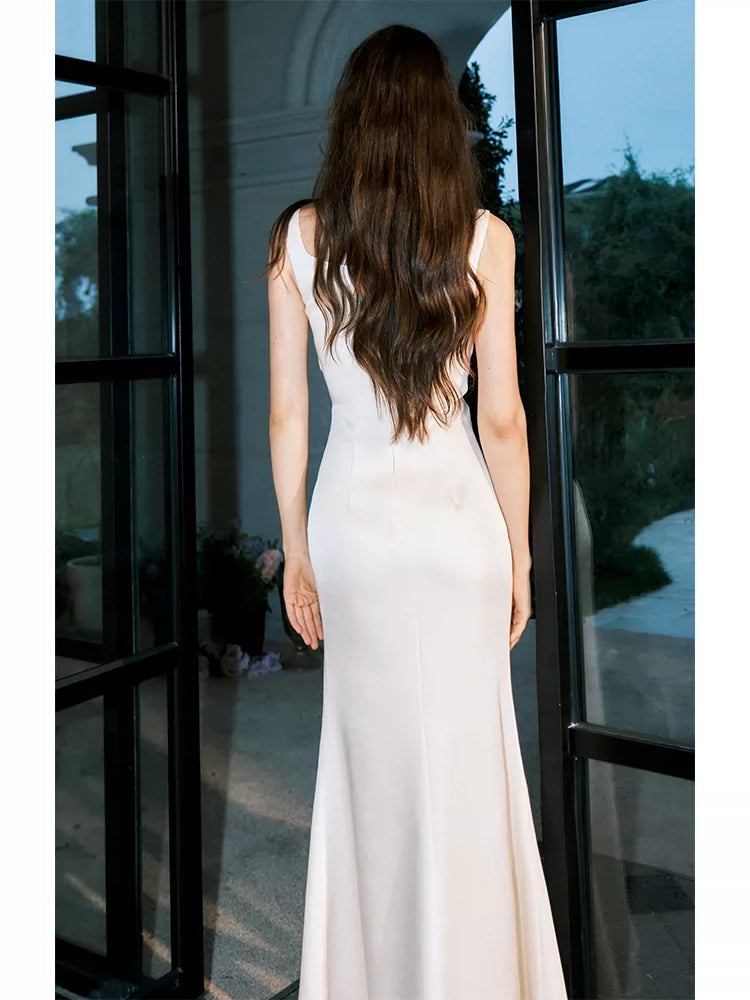 Robe de bal fourreau sexy en satin blanc, décolleté cœur, longueur cheville, robe d'invitée de mariage, tenue pour un 22e anniversaire AB2509