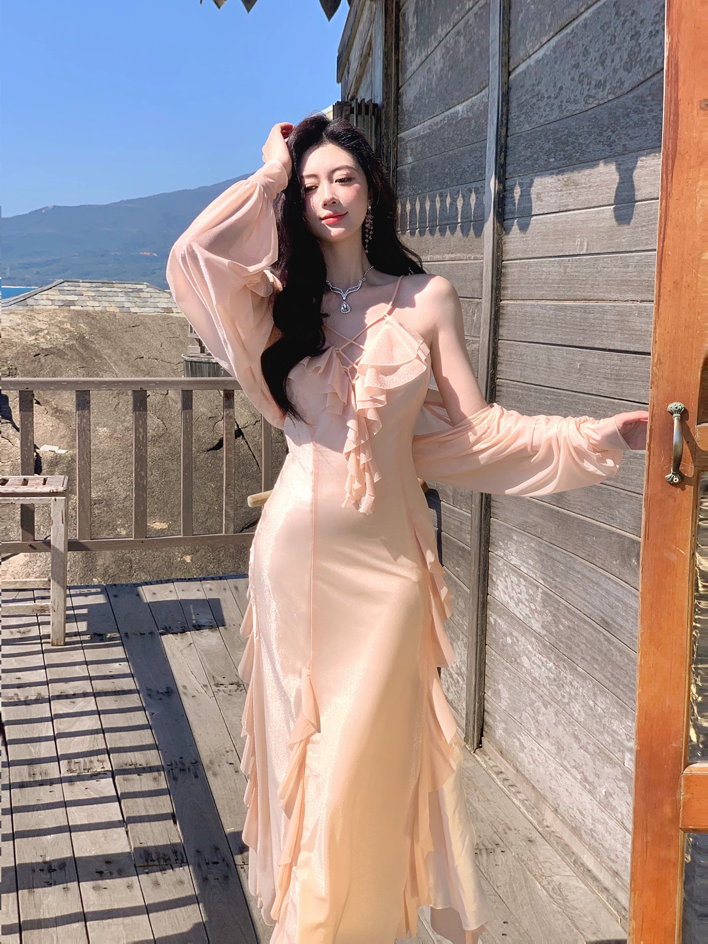 Robe de bal sirène rose corail à fines bretelles, longue, pour anniversaire AB2411