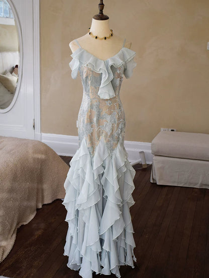 Robe de bal sirène vintage années 1960, bretelles spaghetti, mousseline bleu ciel clair, inspiration robe de soirée longue, tenue pour un 18e anniversaire AB2388
