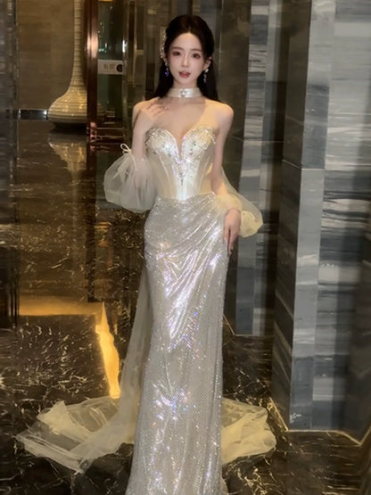 Sexy Mermaid Sweetheart Sequins Champagne Long Formal Prom Dresses Dance Night Outfits Party Gowns AB2204
