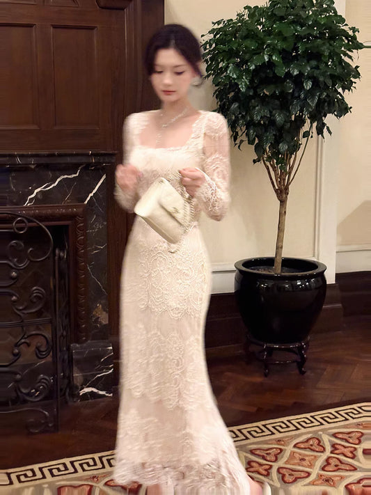 Sexy Meerjungfrauen-Abendkleid mit eckigem Ausschnitt, Spitze, weißen langen Ärmeln und Knöchellänge, auch als Hochzeitsgastkleid oder Outfit zum 22. Geburtstag geeignet (AB2491)