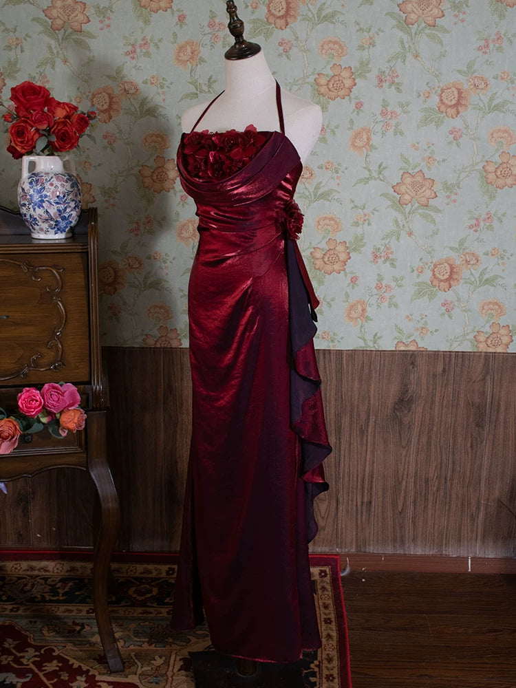 Robe de bal longue vintage années 90, coupe trapèze, col halter fleuri, inspiration robe de soirée rétro tenue d'anniversaire 21 ans AB2375