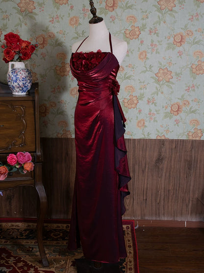 Robe de bal longue vintage années 90, coupe trapèze, col halter fleuri, inspiration robe de soirée rétro tenue d'anniversaire 21 ans AB2375