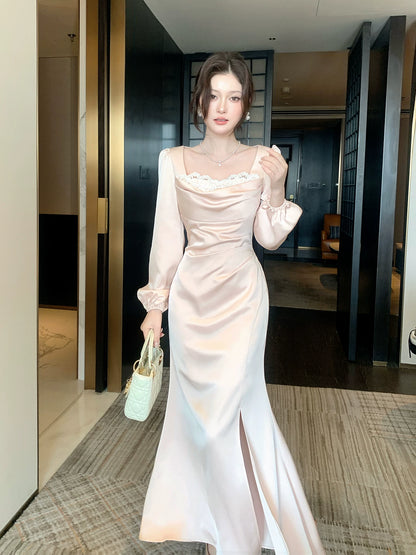 Robe de bal élégante sirène en satin soyeux rose, col carré, longueur cheville, idéale pour une soirée d'anniversaire ou un 16e anniversaire (AB2432)