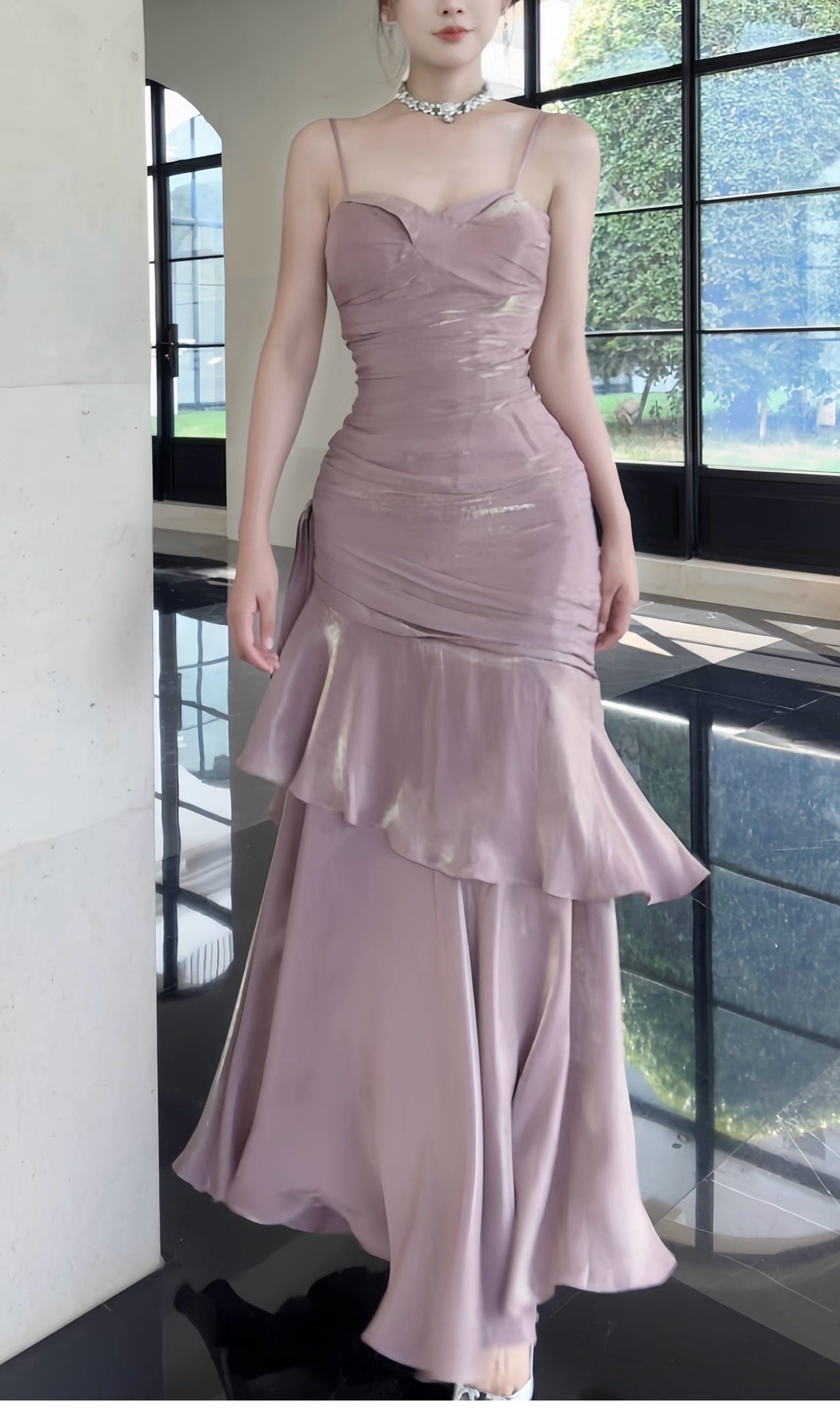 Elegantes, langes, rosafarbenes Meerjungfrauen-Abendkleid mit Spaghettiträgern – perfekt für Highschool-Teenager, Abschlussball, Tanzparty (AB2512)