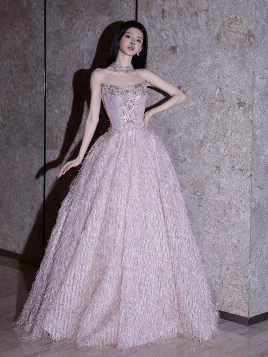 Prinzessinnen-Ballkleid, trägerlos, rosa mit Perlen, Inspiration für lange Party- und Nachtkleider, Outfits zum 18. Geburtstag AB2233