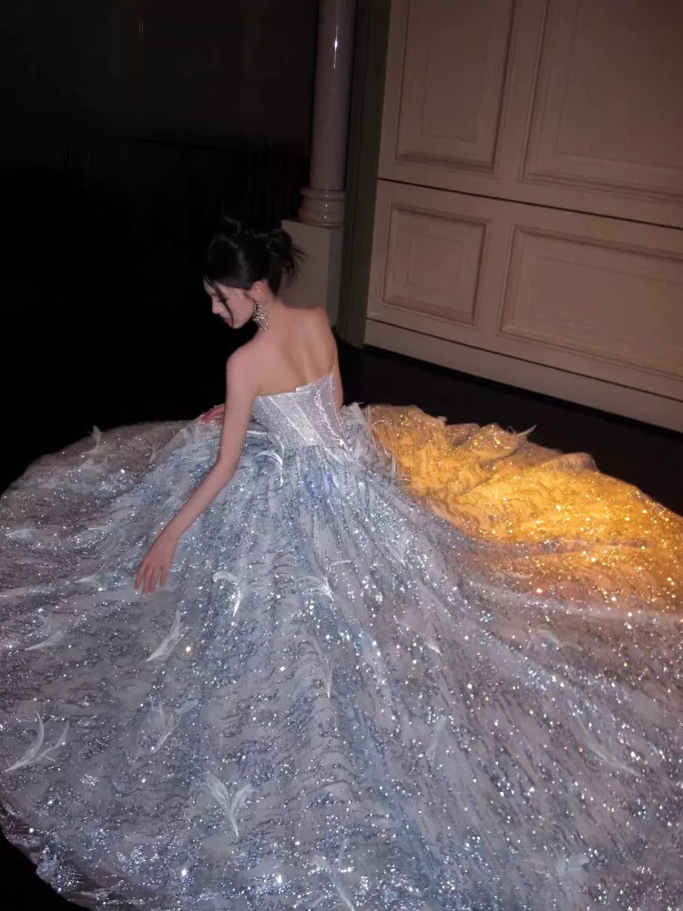 Robe de bal bustier bleu clair à sequins et perles, inspiration robe de soirée longue, tenue pour un 20e anniversaire AB2234