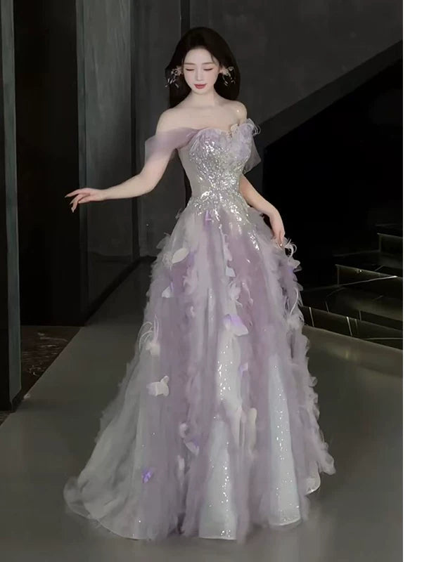 Robe de bal rose en tulle à épaules dénudées, inspiration pour une longue soirée ou un anniversaire (20 ans) AB2238