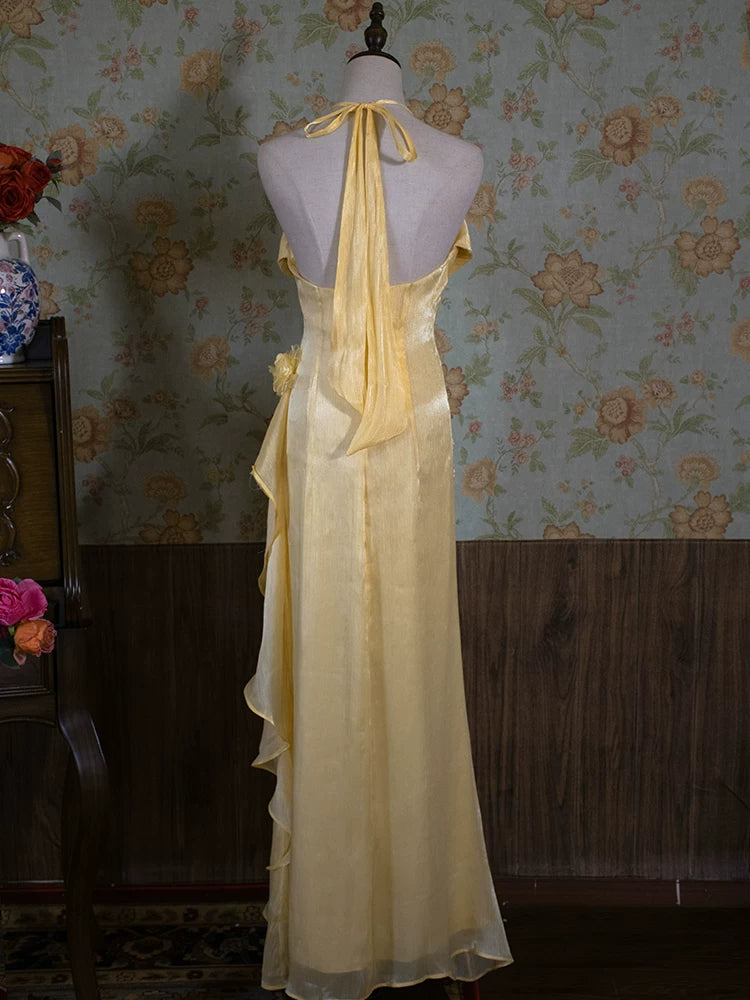Robe de bal longue vintage années 90, coupe trapèze, col halter fleuri, inspiration robe de soirée rétro tenue d'anniversaire 21 ans AB2375