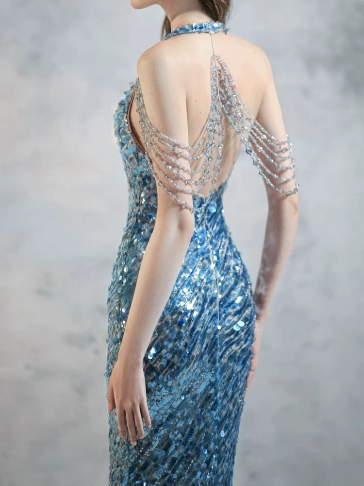 Modest Mermaid V Neck Blue Sequins Prom Dresses Inspiration Long Party Night Evening Dress 20th Birthday Outfits AB2338
