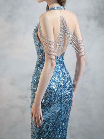 Modest Mermaid V Neck Blue Sequins Prom Dresses Inspiration Long Party Night Evening Dress 20th Birthday Outfits AB2338