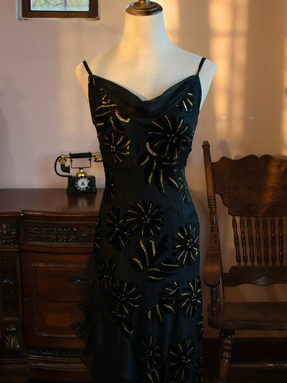 Robe de bal sirène vintage années 1960, bretelles spaghetti, en mousseline noire, inspiration robe de soirée longue, tenue pour un 18e anniversaire AB2387