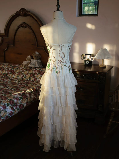Robe de bal vintage années 60, coupe trapèze, bretelles spaghetti, volants en mousseline, inspiration robe de soirée longue, tenue pour un 18e anniversaire AB2384