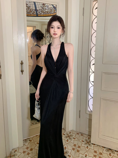 Robe de bal sirène élégante, dos nu, sans manches, noire, style licou, idéale pour une soirée d'anniversaire ou un 16e anniversaire (AB2436)