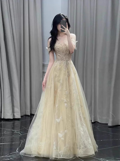 Robe de bal unique, coupe trapèze, épaules dénudées, manches courtes, dorée, inspiration robe de soirée, tenue pour un 20e anniversaire AB2255