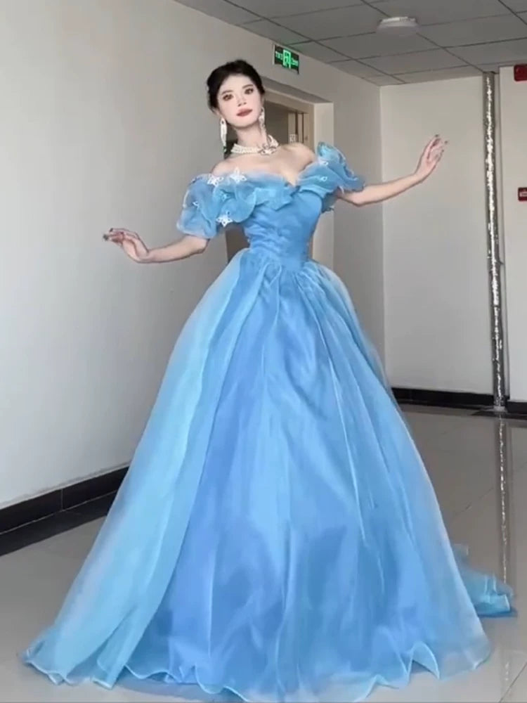Prinzessinnen-Ballkleid, schulterfrei, blau, Inspiration für lange Party-Nachtkleider, Outfits zum 20. Geburtstag AB2240