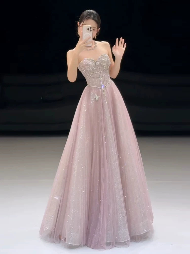 Robe de bal longue à paillettes roses, bustier et coupe trapèze, inspiration pour une soirée d'anniversaire de 20 ans (AB2253)