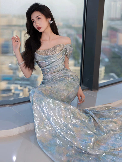 Robe de bal sirène unique à épaules dénudées bleue, inspiration robe de soirée longue, tenue pour un 20e anniversaire AB2246