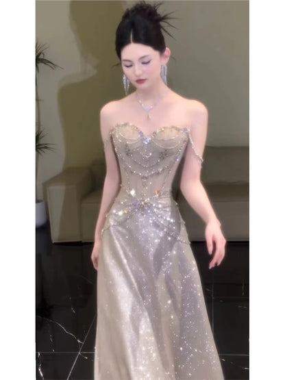 Inspiration robes de bal longues à paillettes, coupe trapèze, sans bretelles, style A, pour un 19e anniversaire (AB2259)