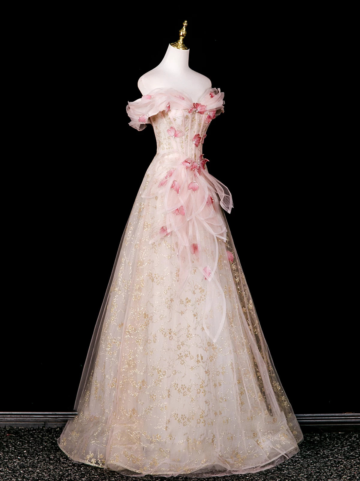 Robe de bal de princesse à épaules dénudées en tulle rose, inspiration pour une longue soirée, tenue pour un 20e anniversaire AB2236