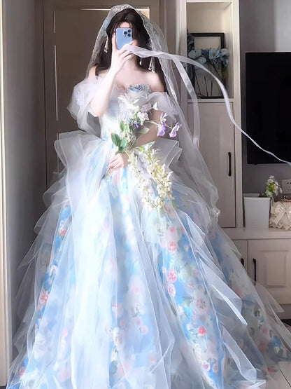 Robe de bal unique bleue à épaules dénudées et manches courtes - Inspiration robes de soirée - Tenues pour un 16e anniversaire AB2257