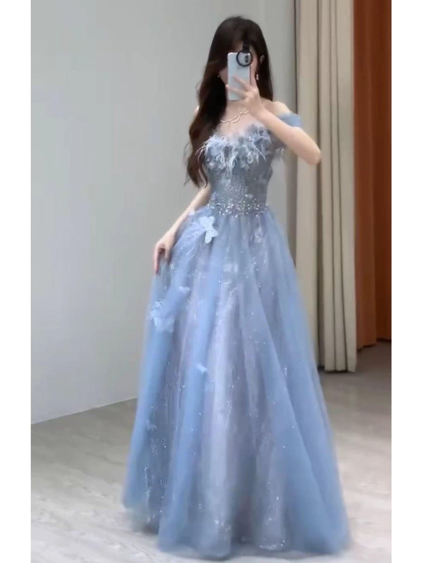 Robe de bal bleue unique à épaules dénudées, coupe trapèze, inspiration tulle, robe de soirée longue, tenue pour un 20e anniversaire AB2247