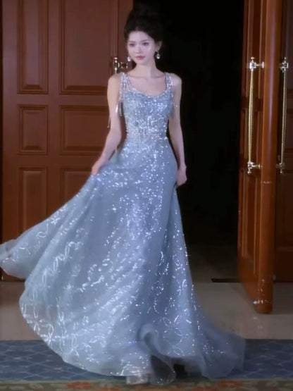 Magnifique robe de bal bleue à sequins, col carré, longue, idéale pour un bal de fin d'année, une soirée, un anniversaire de 16 ans ou une remise de diplôme (AB2242).