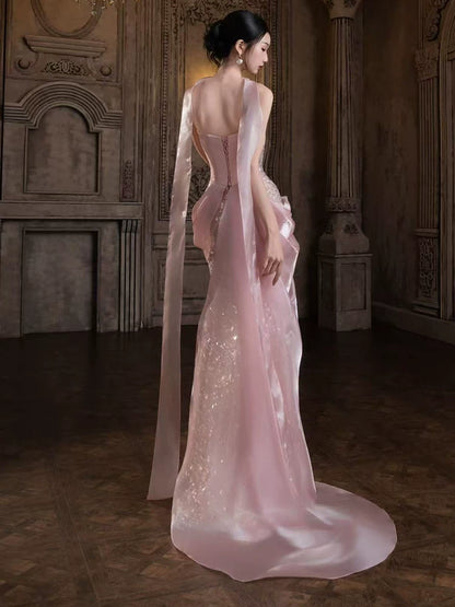 Robe de bal sirène rose à paillettes sans bretelles, inspiration robe de soirée longue pour un 19e anniversaire AB2261