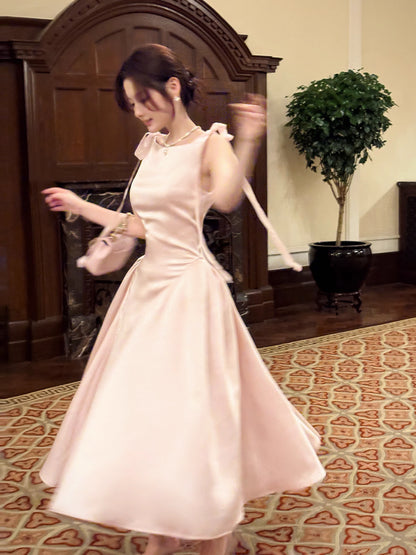 Robe de bal rose satinée, coupe trapèze, col rond, longueur cheville, idéale pour une soirée d'anniversaire ou un 17e anniversaire (AB2498)