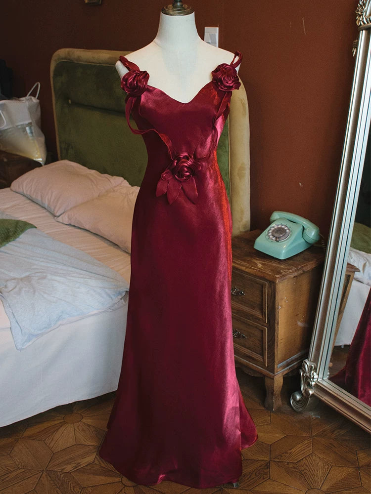 Robe de bal bordeaux sirène vintage années 1950, col en V, inspiration robe de soirée longue, tenue pour un 18e anniversaire AB2377