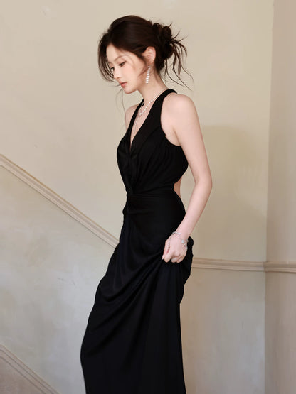 Robe de bal sirène élégante, dos nu, sans manches, noire, style licou, idéale pour une soirée d'anniversaire ou un 16e anniversaire (AB2436)