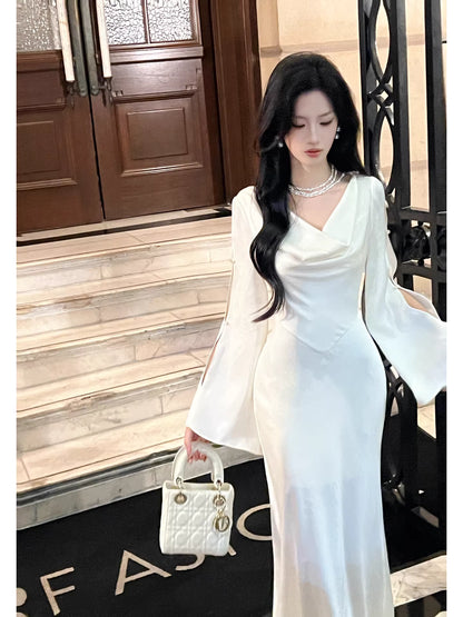 Robe de bal sirène sexy en satin blanc, col bénitier, longueur cheville, robe d'invitée de mariage, tenue pour un 20e anniversaire AB2483