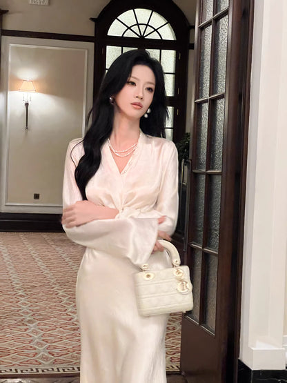 Robe de bal sirène sexy en satin blanc, col en V, longueur cheville, robe d'invitée de mariage, tenue pour un 22e anniversaire AB2490