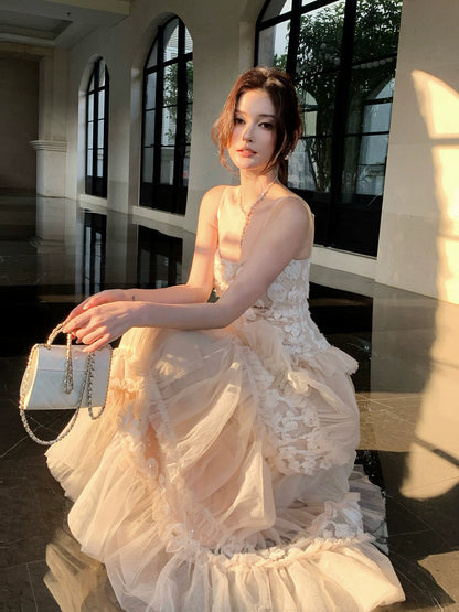 Robe de bal rose en dentelle, coupe trapèze, bretelles spaghetti, longueur cheville, idéale pour un mariage, une fête de 20 ans ou un anniversaire (AB2434)