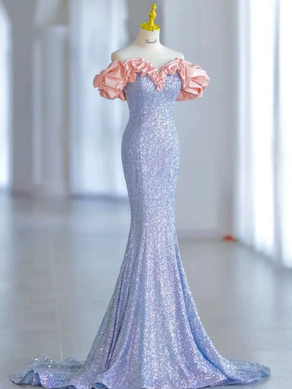 Robe de bal sirène élégante à épaules dénudées et sequins bleus, inspiration robe de soirée longue pour un 19e anniversaire AB2299
